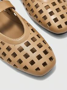 CUCCOO BIZCHIC Women Shoes New French Fashion PU Leather Mesh Buckle One Word With Square Toe Flat Sole Shoes, Apricot Versatile Elegant Breathable Lightweight One Pedal Comfortable High-End Sandals - Brown - View 5