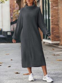 EURMUSE Polokrage Raglan Ärm Ribbstickad Sweater Klänningar - Rostad brun - Visa 4