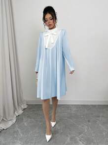 Elenzga Women Solid Color Lace-Up Sleeve Elegant Dress - Mint Blue - View 6