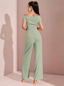 SHEIN BAE 女式不对称褶皱阔腿连体裤，适合夏季海滩、泳池派对、约会、旅行装 - 薄荷綠 - 查看 2