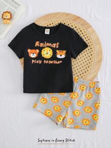 Cozy Pixies Baby Boy Cartoon Animal Pattern Knitted Soft Crew Neck Short Sleeve Top And Elastic Waist Shorts 2pcs Set