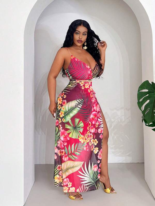 Slaydiva Final Plus Size Mesh Spaghettis Strap Faux Wrap Romper With Attached Long Skirt In Pink Floral Print