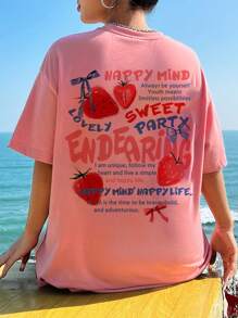 SHEIN EZwear Oversized Casual Strawberry, Slogan, Bow Pattern Round Neck Short Sleeve T-Shirt, Loose Fit For Women Suitable For Going Out - Baby Pink - View 3