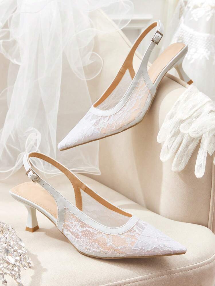 CUCCOO HITCHD Sapatos de Salto Alto Pontudos com Tira e Recorte Vazado em Renda Branca para Mulheres, Vestido de Casamento e Férias