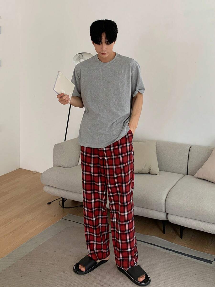 DAZY Grey T-Shirt Set With Men's Plaid Home Wear, Spring/Summer Pajama - Multicolor - View 1