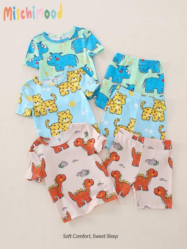6 pièces/Set Pyjamas pour bébé et tout-petit garçon, t-shirt à manches courtes ajustées et shorts avec imprimés d'animaux de dessin animé comme le rhinocéros, le dinosaure, la panthère