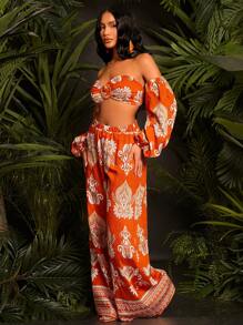 SHEIN SXY Set de 2 piezas de top corto de manga de farol con hombros descubiertos y estampado total, y pantalones largos para mujer para vacaciones