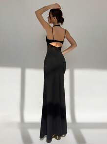 Aloruh Women's Elegant Black Halter Maxi Dress With Lace Detail And Mermaid Hem