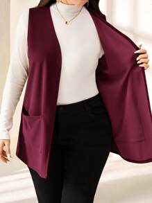 EMERY ROSE Plus Size Jednolity kolor Bez rękawów Luźna kieszeń Prosta swobodna kurtka, Wiosna/Lato