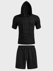 Manfinity RelaxMax Men's Hooded T-Shirt And Shorts Set, Casual & Fashionable, Suitable For Summer,Summer Minimalist Fashion Designer Basic Style, Soft And Comfortable, Perfect For Vacation, Streetwear, And Daily Casual Wear, Offering A Relaxed Fit, Ideal For Couples' Gatherings, A Thoughtful Gift For Husbands, Boyfriends, Girlfriends, Or Dads, Suitable For Outdoor Travel, Great For Wedding Parties, An INS Versatile Piece, A Must-Have For Spring And Summer Gatherings, Blending A Fashion Style Of Maturity, Steadiness, And Wisdom, Especially Suitable For Middle-Aged And Young Successful Individuals. - Black - View 6