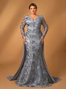Serin Vestido largo de gasa con parches, cuello en V, manga media, cola de pez y lentejuelas brillantes gris para mujeres de talla grande, adecuado para bodas, galas, fiestas y vestido formal para la madre de la novia - Gris - Ver 4