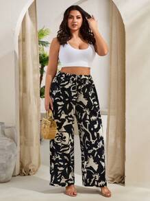 RueChic Plus Women Wide Leg Pants Allover Print With Pocket And Drawstring - Brown - View 4