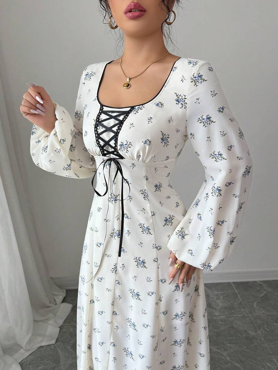 Modelyn 女士优雅编织花卉印花黑色系带袖口长袖 A 字形连衣裙，春夏