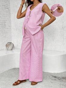 SHEIN 2 Pieces Set Maternity Stripe Front-Tie Sleeveless Shirt And Pants