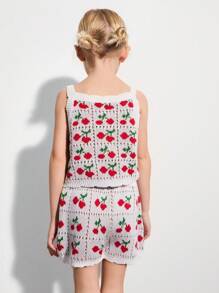 SHEIN 2pcs White Cherry Pattern Knitted Vest And Knitted Shorts Sets For Young Girls - White - View 2