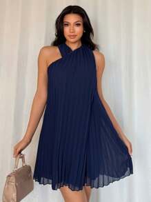 Calvaya Vestido elegante de unicolor con pliegues y cuello de halter para verano