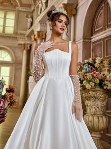 Glamrae 优雅浪漫不对称领口细肩带 V 型腰线褶皱超喇叭裙 U 型后背系带超大蝴蝶结装饰背部设计婚礼新娘礼服