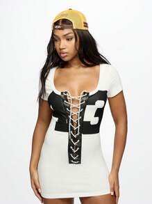 SUMWON WOMEN Varsity Sports Mini Bodycon Dress Lace-Up Front Short Sleeve College Game Day Fashion Team Spirit Athletic Wear Cheerleader Style Summer Fall Outfit