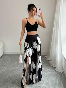 Elenzga Women's Elegant Floral High Waist Split Ruffle Loose Vacation Beach Date Summer Pants Fall Cloth For Women - Multicolor - View 1