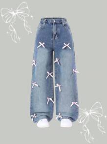 Pantalones vaqueros anchos de tiro alto cómodos y sueltos con lavado claro, decorados con moños hechos a mano, estilo de vacaciones para niñas preadolescentes - Azul lavado medio - Ver 1