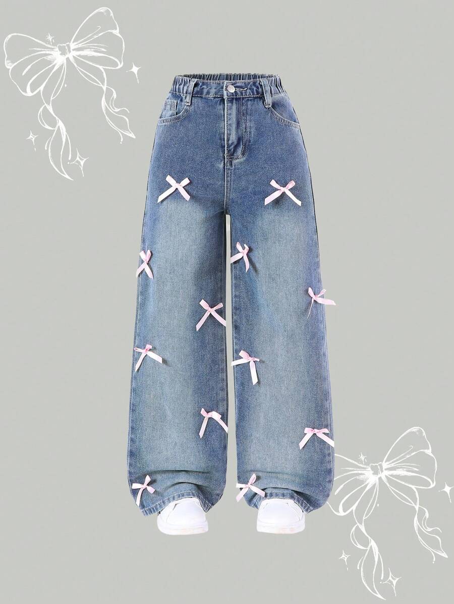 Pantalones vaqueros anchos de tiro alto cómodos y sueltos con lavado claro, decorados con moños hechos a mano, estilo de vacaciones para niñas preadolescentes - Azul lavado medio - Ver 1