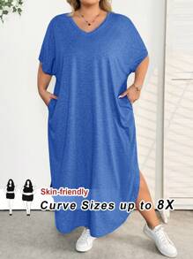 SHEIN CURVE+ 大码女士时尚通勤休闲口袋设计开叉长袍，女士春夏海滩装/沙滩裙/海滩度假装/海滩必备品/毕业/茶会礼服 - 寶藍色 - 查看 1