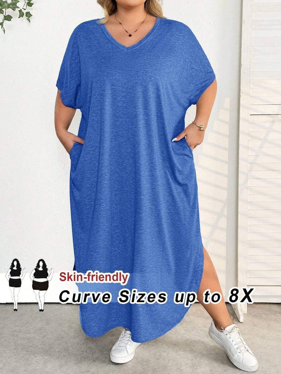 SHEIN CURVE+ 大码女士时尚通勤休闲口袋设计开叉长袍,女士春夏海滩装/沙滩裙/海滩度假装/海滩必备品/毕业/茶会礼服 - 寶藍色 - 查看 1