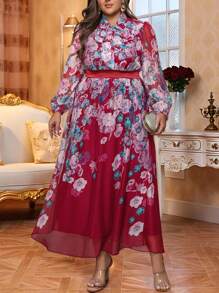 Modelyn 新款印花长袖高腰连衣裙（配系带腰带） - 紅色 - 查看 5