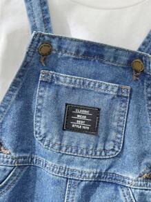 SHEIN بلوميرز/سروال أطفال صيفي مريح من الجينز الفاضي، تفاصيل رقعة، ساق مستقيمة، سروال أطفال قصير دون تي شيرت، للانطلاق في الربيع/الصيف، بدلة رضع جينز