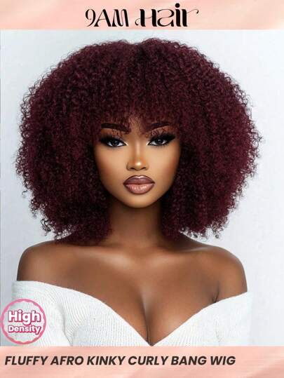 Density Pro Afro Kinky Curly Bob Wig With Bangs Human Hair Fluffy Curly Bob Bang Wigs Glueless Wear And Go Bob Wig Burgundy 99J Big Hair Halloween Costumes
