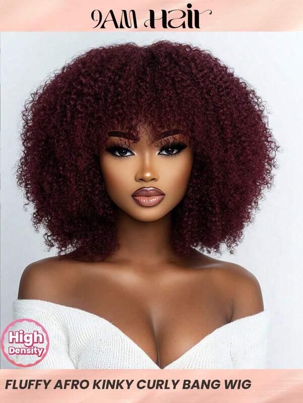 Density Pro Afro Kinky Krullen Bob Pruik Met Pony Menselijk Haar Pluizige Krullen Bob Pony Pruiken Lijmloos Draag En Ga Bob Pruik Bordeauxrood 99J Groot Haar