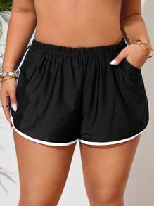 SHEIN Swim Curve Plus Size Women Plain High Waist Bottoms, Minimalist Vacation Swimwear - Black - View 3