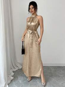 Elenzga Đầm dệt kim dài hở vai không tay cổ yếm trang trí lá kim cho nữ, mùa hè - Vàng - Xem 5