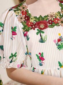 SHEIN Tween 女童节日优雅方领蕾丝边泡泡袖 A 字中长连衣裙