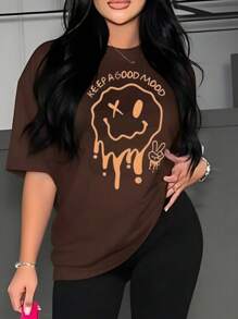 Zolique Oversized Loose Fit Simple Dropped Shoulder Smiling Face T-Shirt, Casual & Stylish