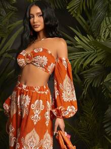 SHEIN SXY Set de 2 piezas de top corto de manga de farol con hombros descubiertos y estampado total, y pantalones largos para mujer para vacaciones