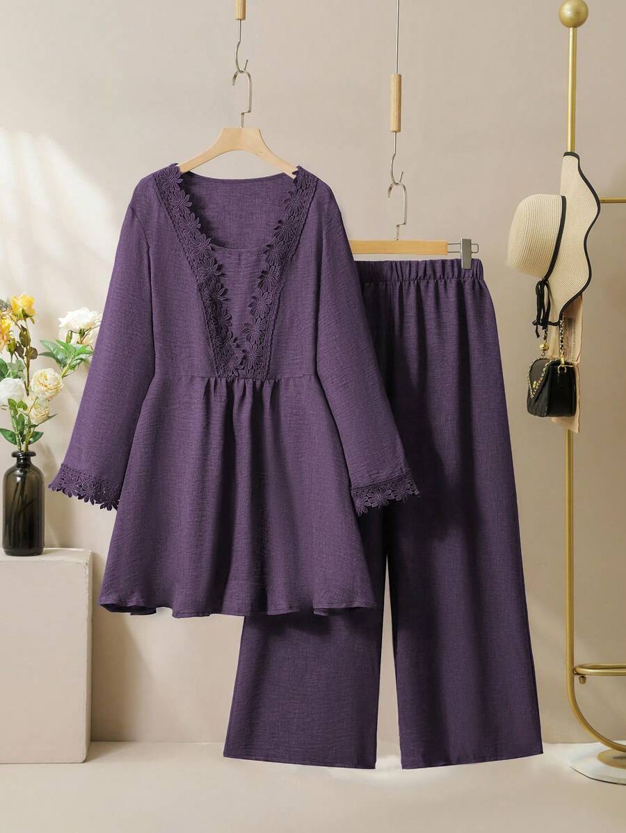 Lacomfia 2pcs/Set Plus Size Casual Ruffle Decor Long Sleeve Loose Blouse & Elastic Waist Pants, Spring & Autumn - Mauve Purple - View 1