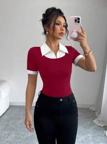 Elenzga 女士翻领撞色修身休闲短袖 T 恤