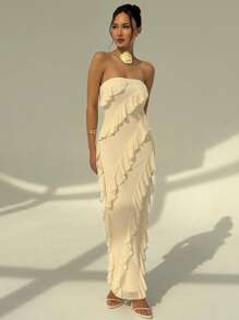 Aloruh Ruffled Hem Mesh Strapless Dress - Beige - View 6