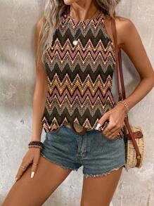 SHEIN LUNE Plus Size Vacation Textured Striped Print Casual Loose Halter Top