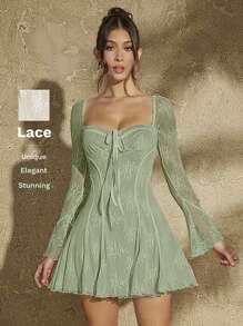 SHEIN BAE Lace Trim Bodice Ruffled Hem Women Long Dress - Mint Green - View 9