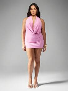 MISSGUIDED PLUS Plus Size Draped Halter Mini Party Dress Cowl Neck Summer Club Evening Special Occasion Dress - Pink - View 3