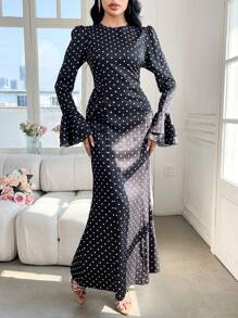 Modelyn Vestito lungo elegante e aderente da donna con maniche a sbuffo e stampa a pois