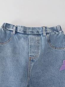 SHEIN Sparklyn Conjunto casual de 2 piezas para niñas preadolescentes con camiseta con lazo y jeans de mezclilla, para uso diario y de viaje - Morado - Ver 3