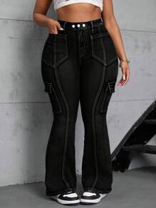 SHEIN SXY Plus Size Women's Stretch Heavy Wash Distressed Skinny Flared Jeans Women Autumn