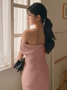 DAZY 女士休闲斜肩收腰中长连衣裙，日常穿着长款连衣裙 - 卡其色 - 查看 6