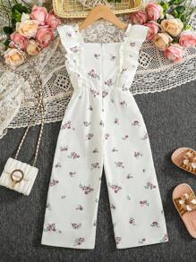 Girls 4-7 Years Old Daily Ditsy Floral Jumpsuit, Fashion Cap Sleeves High Waisted Loose Wide Leg For Summer - Apricot - View 2