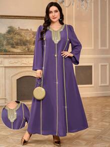 Al Najma 加大码女式撞色蕾丝 V 领灯笼袖优雅阿拉伯连衣裙，端庄的长袍