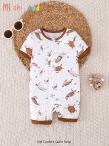 Pelele de manga corta con cremallera frontal y estampado de tortuga, con puños y piernas de contraste para bebés niños, mono casual