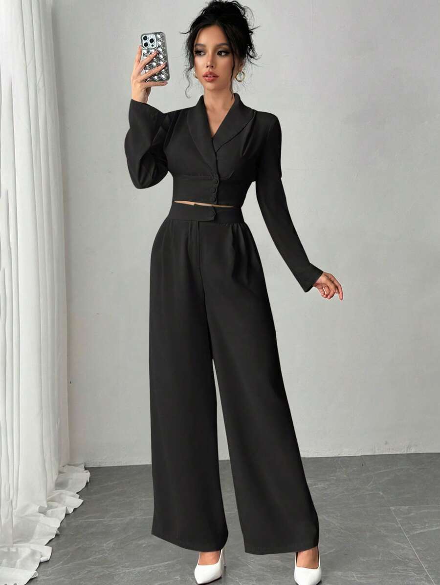 Firerie 2pcs Women Office Commuting Outfit Set: Long Sleeve Collared Shirt + Straight Leg Pants - Black - View 1